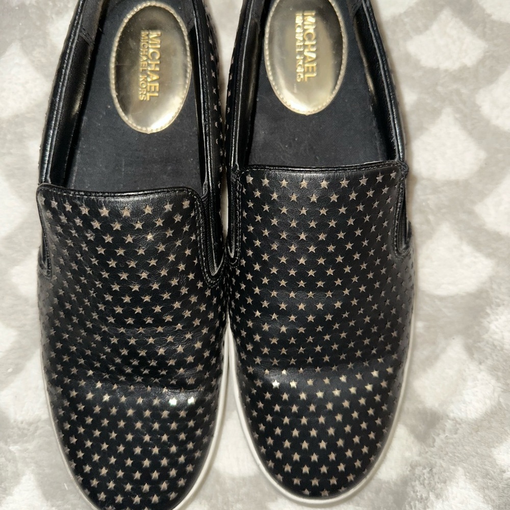Michael Kors Black With Gold Stars Size 8.5 Keaton Slip On 100% Leather